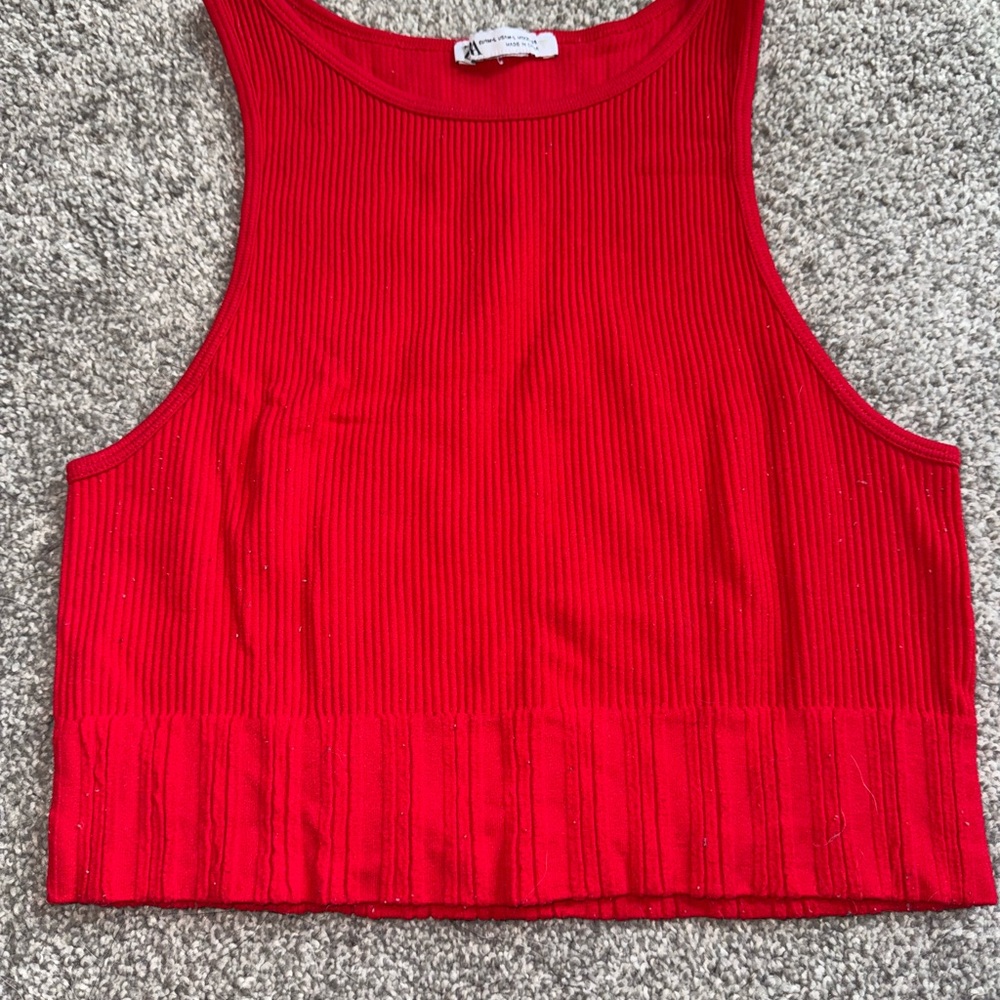 Zara Red Sleeveless Ribbed Crop Top
